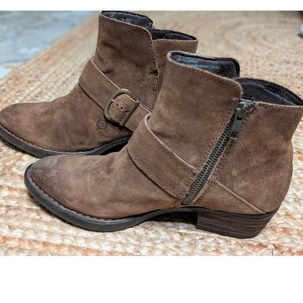 Born Suede Leather Ankle Boots Brown Buckle Harness Booties Womens 7.5 M - Picture 5 of 10
